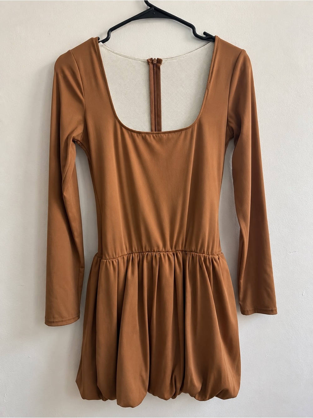 Amazon Women's Long Sleeve Scoop Neck Bubble Hem Dress in Caramel Brown